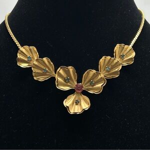 Vintage Gold And Crystal Floral And Leaf Short Necklace, Lightweight, Pink, Blue